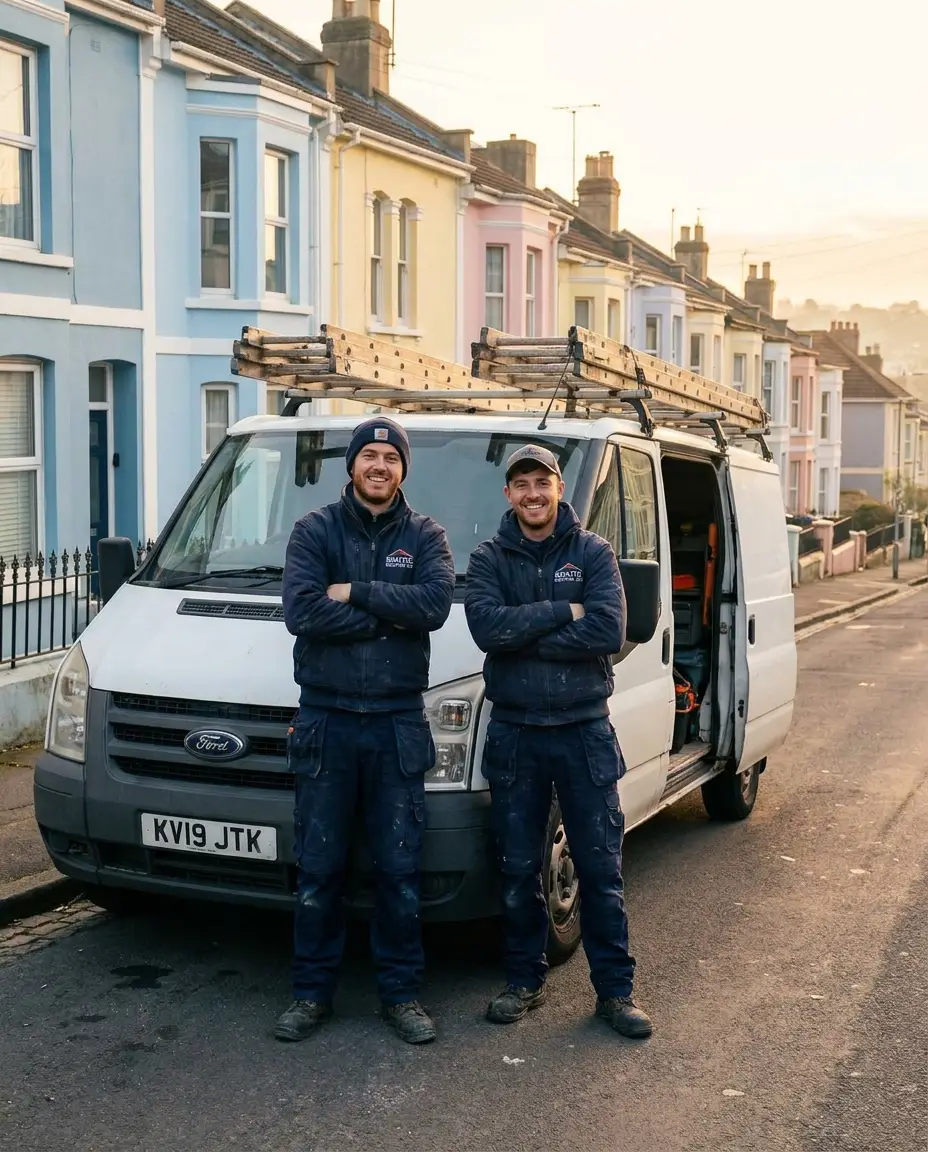 The Nice Bristol Roofing Company team with their work van on a Bristol street
