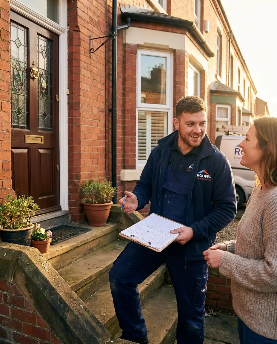 Roofer discussing a free written quote with a Bristol homeowner at their door