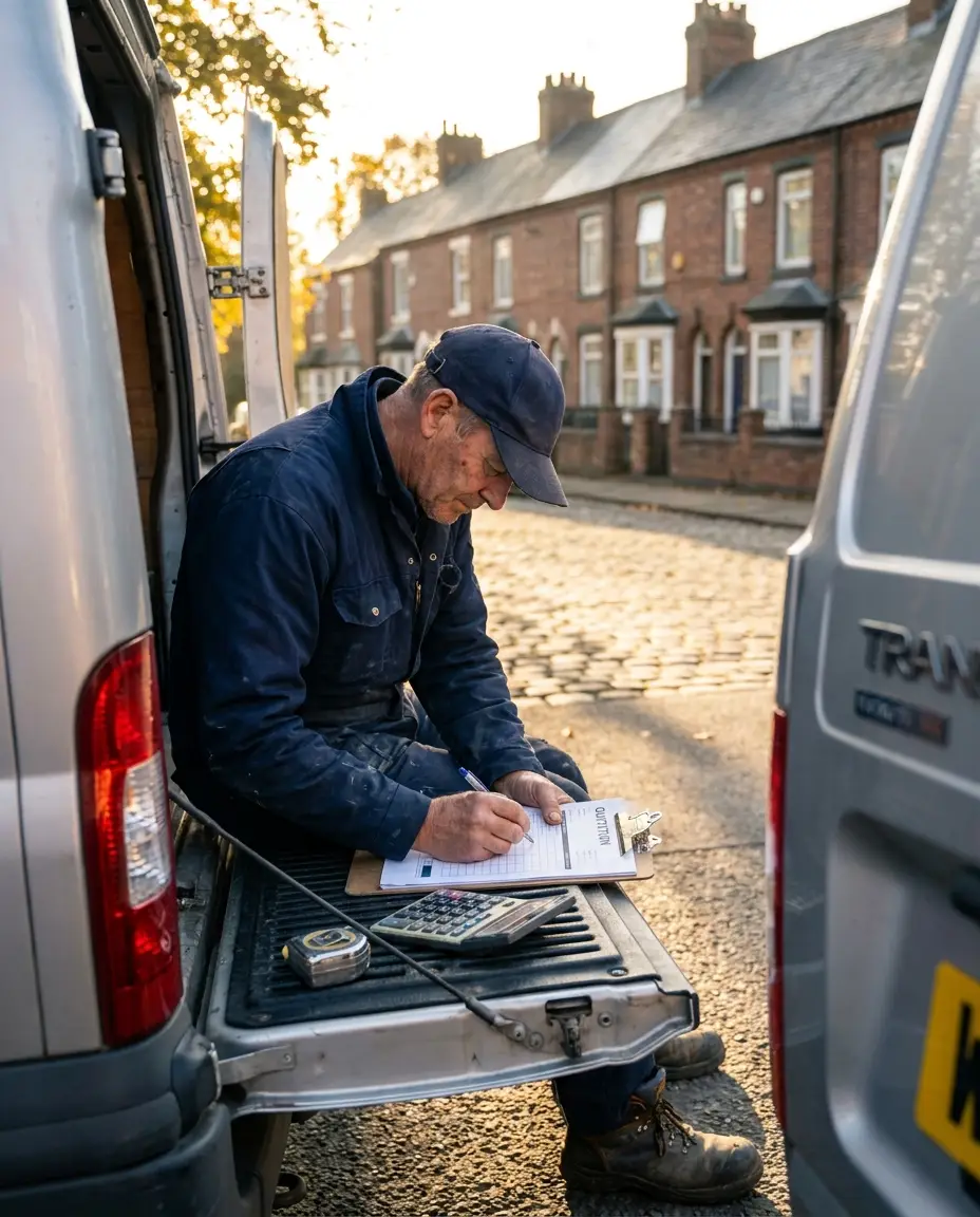 Roofer preparing a written quote on a clipboard at the van in Bristol
