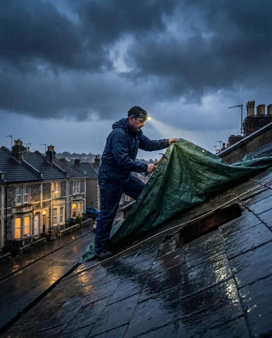 Roofer securing an emergency tarpaulin over storm damage on a Bristol roof at dusk