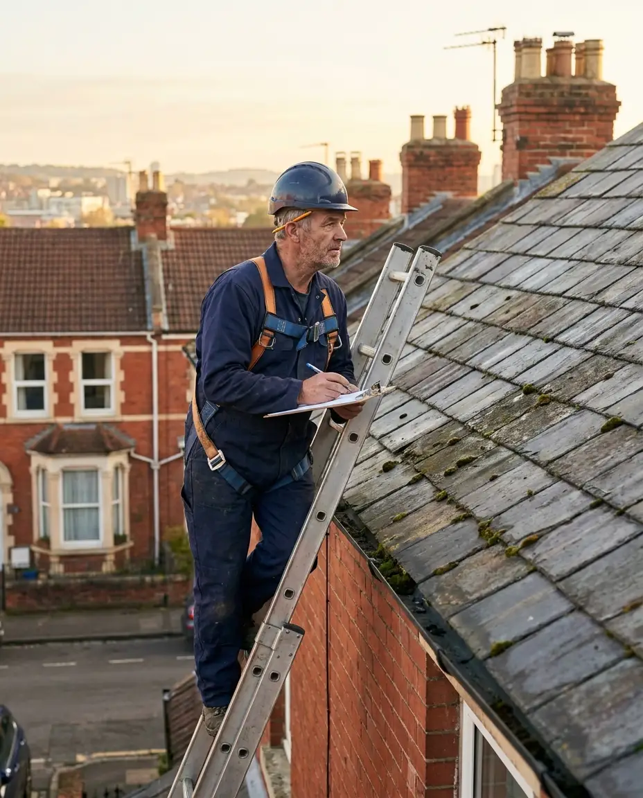 Roofer inspecting a slate roof and making notes in Bristol
