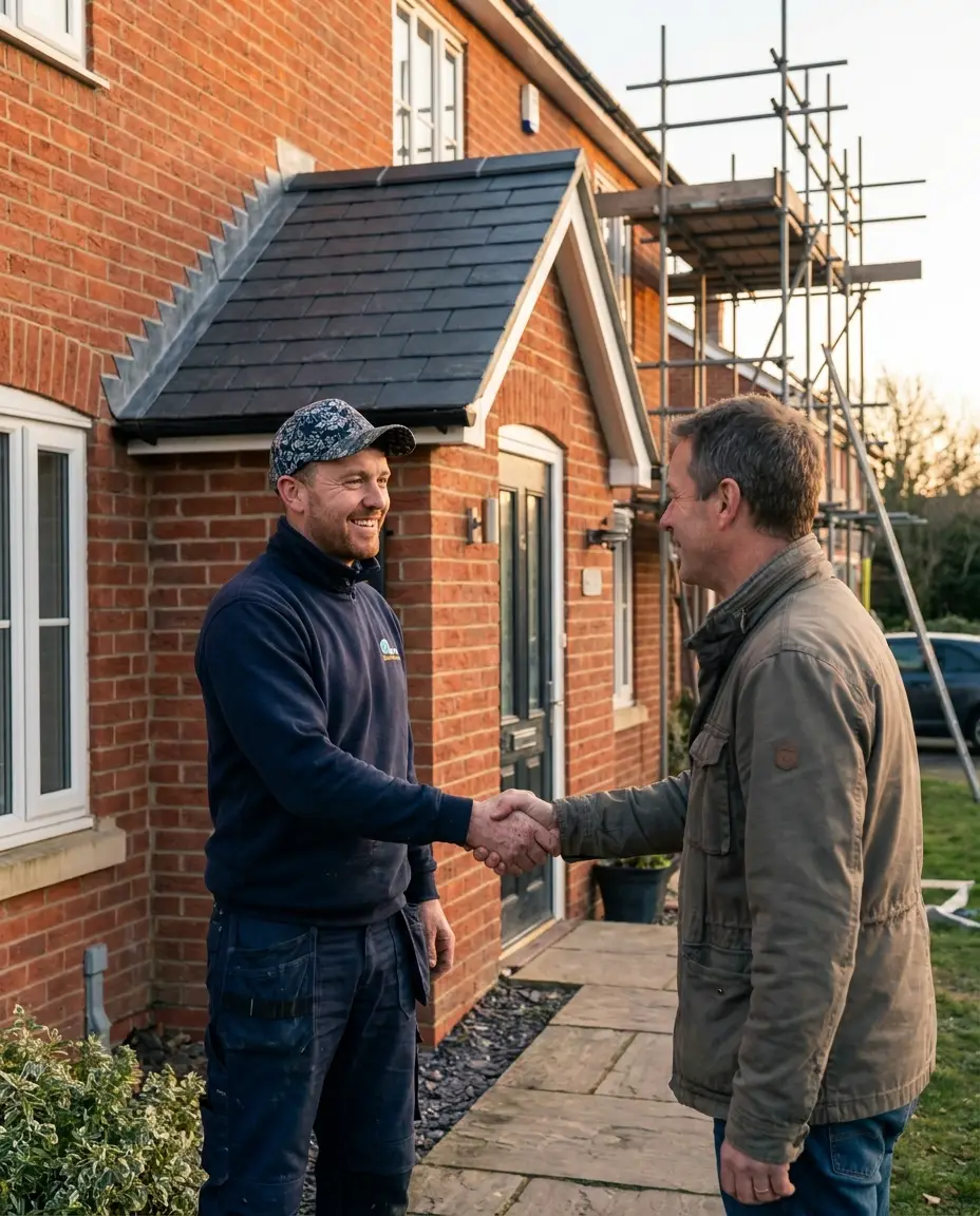 Roofer and homeowner shaking hands in front of a newly re-roofed Bristol home