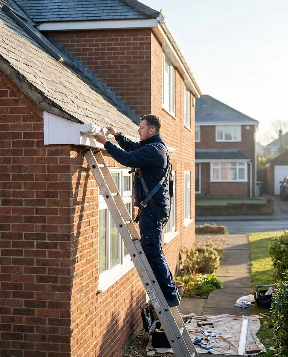 Installer fitting new white uPVC guttering and fascia boards on a Bristol home