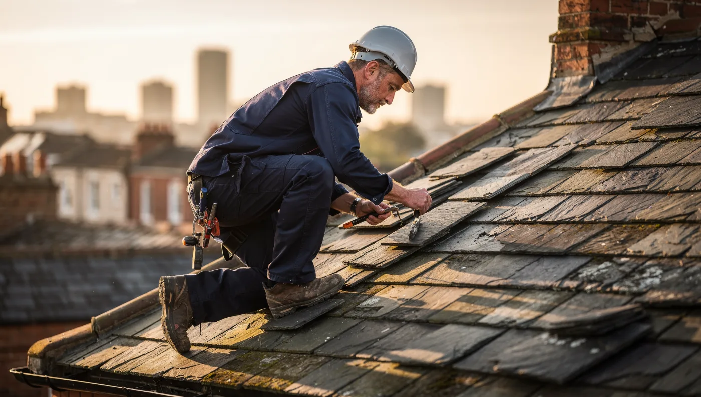 Roofer working on a pitched slate roof in Bristol at golden hour