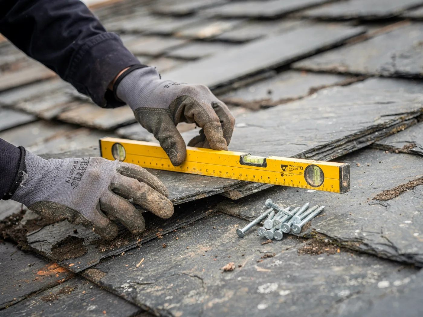 Roofer checking slate alignment with a spirit level during a repair