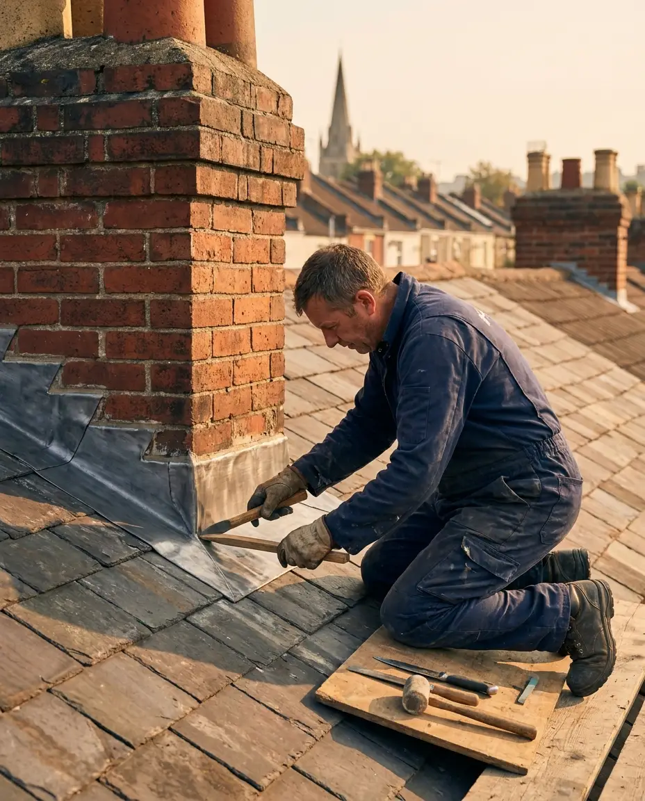 Craftsman dressing new lead flashing around a chimney stack on a Bristol slate roof