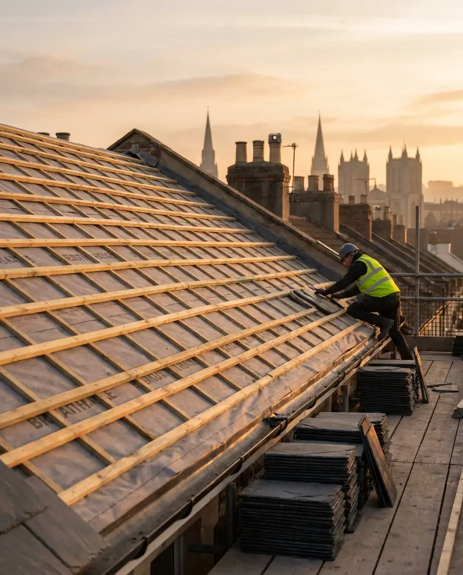 Victorian terrace roof mid re-roof with new battens, membrane and slate in Bristol