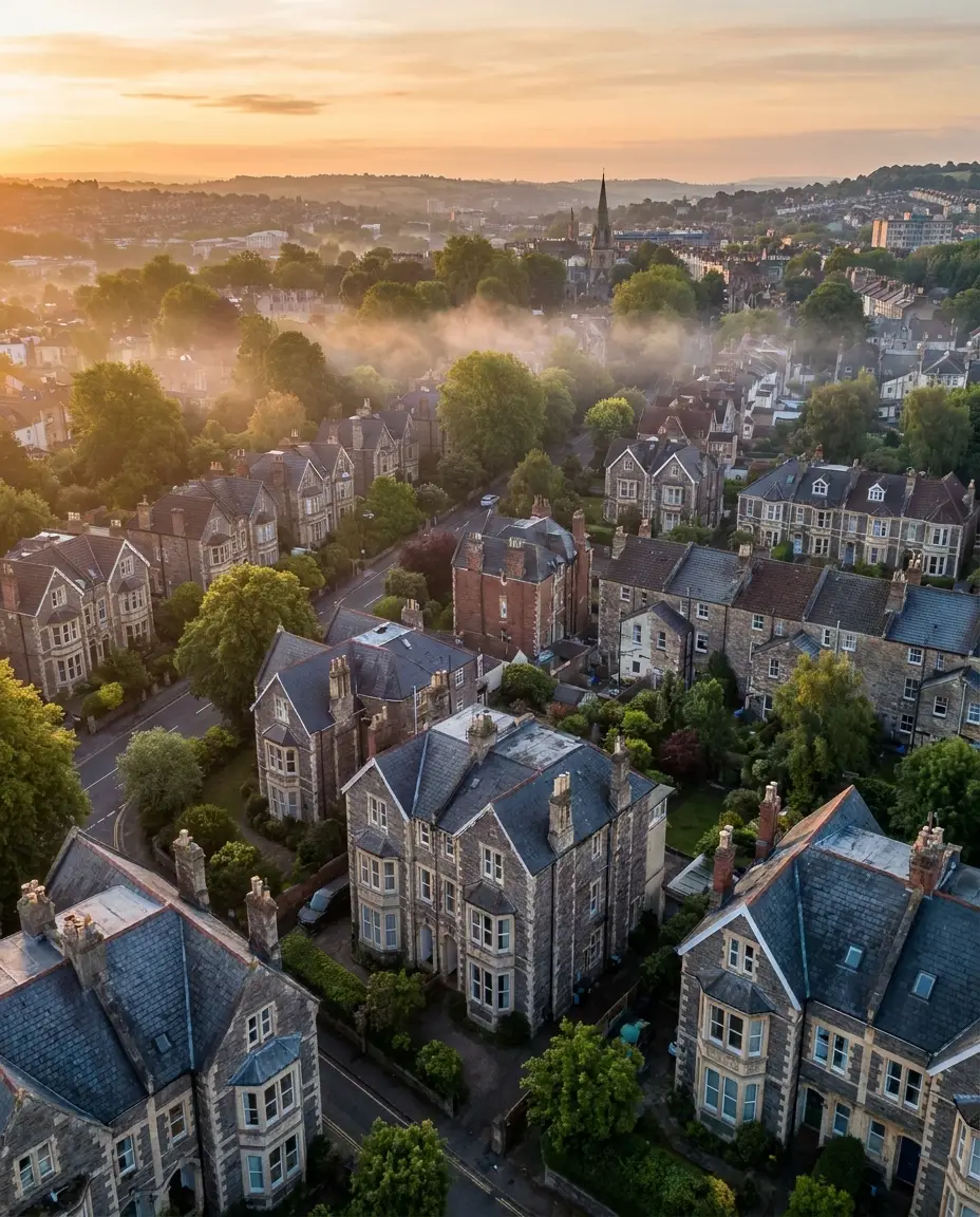 Victorian villa rooftops and tree-lined streets in Redland, Bristol
