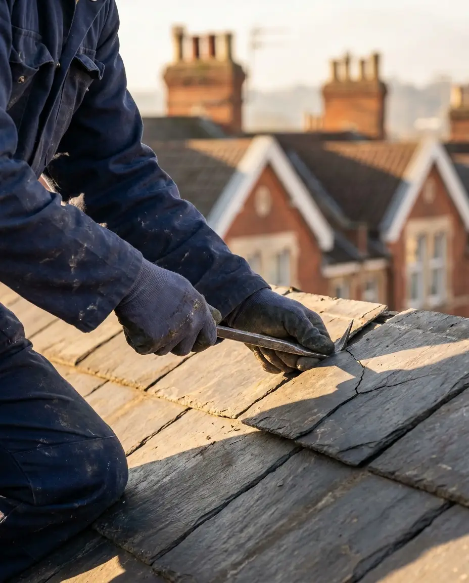 Roofer replacing a cracked slate tile on a Bristol roof